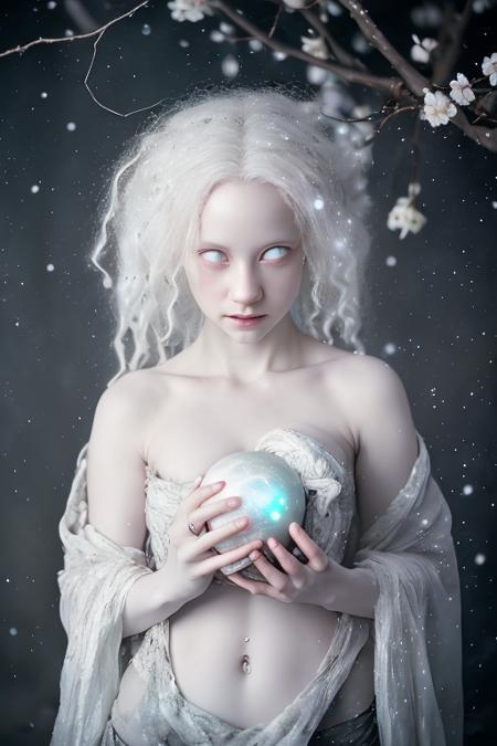 professional photograph, a beautiful albino, tattered clothing, wild, tangled hair,  in the snow, holding a glowing orb filled with stars,  (small breasts:1.1), blossom, moon, extreme long shot , <lora:whiteeyes_11-04:1> whiteeyes