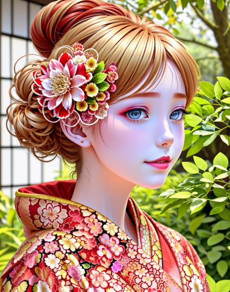 4K, Masterpiece, highres, absurdres,natural volumetric lighting and best shadows, deep depth of field, sharp focus, soft delicate beautiful attractive face,vandread,blonde Nadia with sunglasses and a choker , smiling, vandread drawing style, 
1girl, solo, hair ornament, upper body, flower, japanese clothes, hair flower, kimono, hair bun, blurry, lips, blurry background, floral print, realistic, red kimono, with a edgJapan haircut,
<lora:Dita:0.25> <lora:Nadia:0.35> <lora:edgJapan:1>