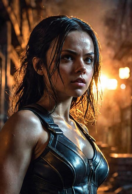 High resolution ultra-realistic of Beautiful Laura Kinney/X-23, cinematic lighting, MCU style, ultra realistic, 8K, fighting stance, X-Men style, standing among the ruins of buildings, Greg Rutkowski, Intricately Designed bloody dirty face, wavy black hair, Realistic beautiful brown eyes, gazing straight ahead, Atrractive 21 years old Dafne Keen as X-23 woman, realistic modern combat X-Men costume, dirty, bloody, beautiful firm Breasts, defiant and seductive, X-Men style, Marvel style, MCU sci-fi style, Superheroine, Standing in the middle of a dark dirty street on the City, sharp focus, digital painting, Photograph Taken on Nikon D750, Alphonse Mucha, 8K, athletic figure, Hyperdetailed, hyperrealism, aesthetics reminiscent of X-Men, Attractive, Attractive bust girl, asymmetric balance