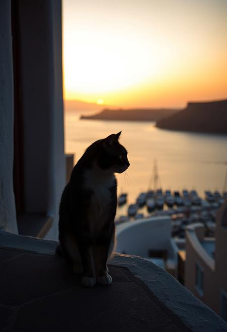 (Soft Lighting Photography by Mimoza Veliu and Mario Giacomelli:1.2), NSFW, Cinematic photography. A photo-realistic shoot of a cat on a street in a seaside town, overlooking a harbour and the ocean, sunset, silhouetted, chiascuro, Santorini