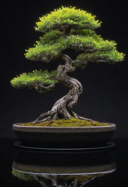 cinematic bonsai tree, potted plant on black reflective glass with mirrors and infinite refractive loops, extremely detailed, 8k, 35mm photograph, amazing natural lighting, brilliant composition, symmetrical pattern