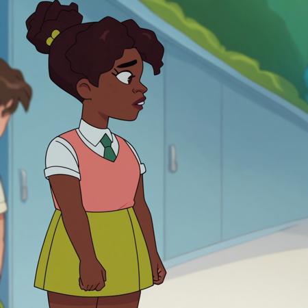 Kennedy  Dark Skin, Brown hair, Dark-skinned female. very dark skin School Uniform  Shirt,green necktie,green skirt Park-Ranger Outfit