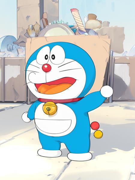 doraemon, blue,neck bell,open mouth, standing, collar, whiskers, full body, no humans, black eyes,  jingle bell, masterpiece, best quality, <lora:doraemon-V2:1>