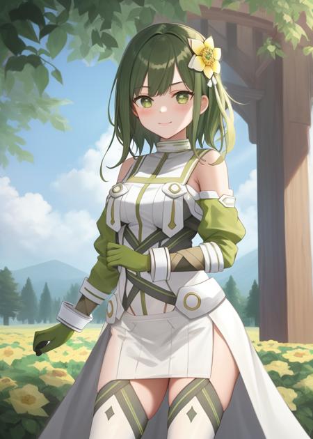 <lora:Shiratori_Utano-10:0.7>,1girl, solo, short hair,green hair, hair ornament, dress, green eyes, green hair, hair flower,thighhighs, gloves,