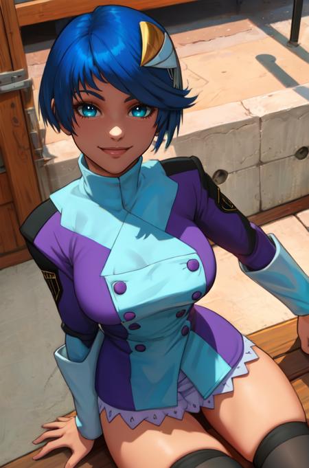 scheris,blue hair,aqua eyes,hair ornament,
uniform,thighhighs,long sleeves,
smile,sitting,
science fiction,
(insanely detailed, beautiful detailed face,beautiful detailed eyes, masterpiece, best quality),<lora:scheris:0.8>,