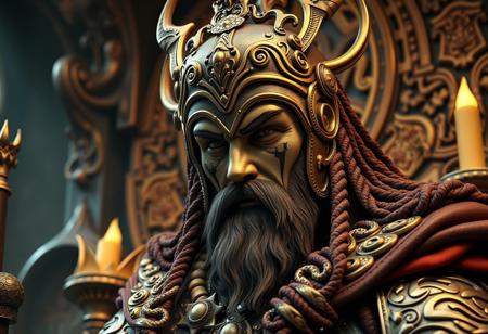 Generate a highly detailed, 16k octane render of a Celtic Guardian on an Altar of the Bound Deity background, incorporating elements of lucha libre and 70s design. The full-body portrait should feature a small beard, brown resin details, and high contrast metal accents. The image should adhere to the golden ratio and have a centered composition. Incorporate references to Art Nouveau and the styles of Steve Argyle, Giorgio de Chirico, and Lau. The atmosphere should be grim yet sparkling with cinematic lighting. Ensure the image is ultra-realistic with intricate details, vibrant colors, and a high level of texture. The final output should be 8k resolution with a Kodak film stock aesthetic. Apply post-processing techniques to achieve a masterpiece-level image trending on Artstation.
