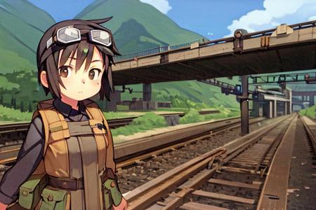 1girl, goggles, short hair, brown hair, railroad tracks,