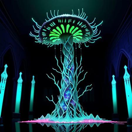 Create a 3 minutes video for YouTube about Kleptoparasi King of all Calamities  An eerie mushroom cathedral, its bioluminescent interior casting a soft, ethereal glow. The walls and ceiling are lined with cracked, glowing blue veins that mimic the intricate patterns of shattered glass, hinting at the presence of archaea and bacteria. In the center of this mystical space, a Kleptoparasi is a mixes of archaea/bacteria/mushroom/parasite/fungi a living virse humanoid entity, stands tall with its translucent bioluminescence glass like skin revealing a complex network of neon glowing veins in the same electric blue hue. Its eyes are two piercing dots of light that seem to pulse in sync with the surrounding fungal structure. The creature wears tattered robes made from what appear to be discarded membrane scraps, giving it an otherworldly, yet strangely organic appearance. As it steps into the heart of the cathedral, its veins flare up in a symphony of colorful flames—purple, teal, yellow, green, red, orange, and pink—manifesting its Kleptoparasitism Striker form. Its hands are now engulfed in a fiery dance of multiple hues, each flame representing a different type of energy stolen from various hosts. The parasite's posture is one of determination, its eyes focused on the horizon of the mushroom forest beyond, symbolizing its relentless pursuit of new life to infect and adapt to. The scene is a mesmerizing blend of beauty and horror, showcasing the delicate balance of life
