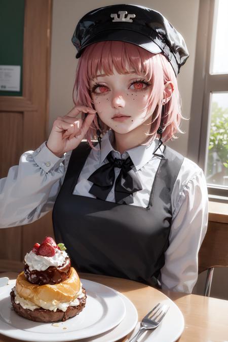 (masterpiece, best quality:1.2), <lora:csm_fami-10:1>, upper body, solo, 1girl, fami \(chainsaw man\), expressionless, closed mouth, looking at viewer, elbows on plate, pink hair, black hat, red eyes, school uniform, pinafore dress, white shirt, neck ribbon, indoors, food on plate, drinking glass