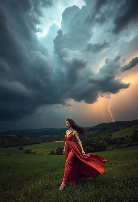 Una escena impresionante de una tormenta majestuosa donde múltiples arcoíris bien definidos se entrelazan entre las nubes oscuras y relámpagos iluminan el cielo con destellos místicos. La lluvia cae suavemente, reflejando los colores vibrantes del arco iris en cada gota. En el primer plano, una mujer elegante camina con gracia a través de un extenso valle verde, con el viento ondeando su vestido largo y fluido de seda. Su postura es imponente y llena de confianza, con una mirada serena y penetrante. Su cabello oscuro y ondulado flota con la brisa, capturando la esencia del momento. Cada detalle es nítido y bien definido, desde la textura del vestido hasta la suavidad de su piel. La iluminación cinematográfica realza los contrastes entre la tormenta y los colores vivos, aportando una profundidad asombrosa a la imagen. Capturado con una estética fotográfica en 4K ultra-realista, con una composición perfecta donde la mujer y la tormenta de arcoíris crean una armonía visual espectacular.