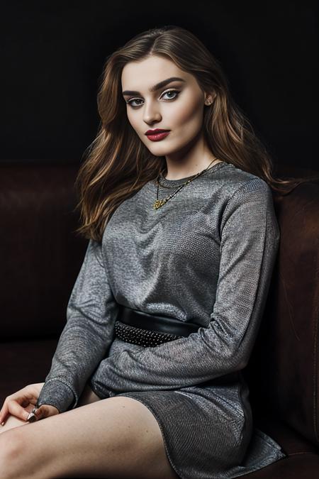 a realistic photograph of beautiful (M36D0n:1.1) woman sitting on a couch,wearing a (gray dress),facing the viewer,portrait,(perfect long hair),(red lipstick),simple background,rich details,hyper realistic,intense,highly detailed,face_focus,looking_at_viewer,PA7_Portrait-MS,<lora:M36D0n_04A-000002:1.0>,