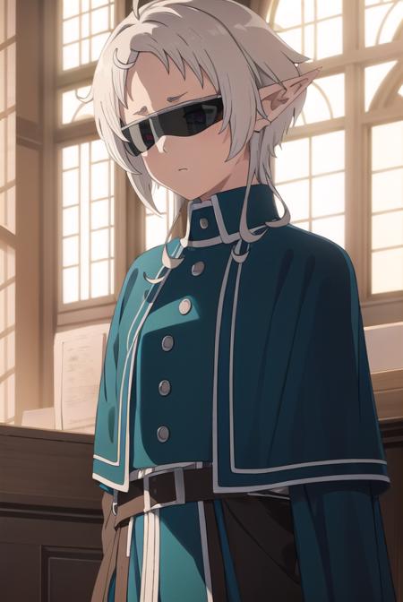 sylphy, <lyco:sylphys2-lyco-nochekaiser:1>, 
sylphy, short hair, ahoge, white hair, pointy ears, (sunglasses:1.5), elf,
BREAK pants, capelet, black pants, cape,
BREAK indoors, library,
BREAK looking at viewer, (cowboy shot:1.5), 
BREAK <lyco:GoodHands-beta2:1>, (masterpiece:1.2), best quality, high resolution, unity 8k wallpaper, (illustration:0.8), (beautiful detailed eyes:1.6), extremely detailed face, perfect lighting, extremely detailed CG, (perfect hands, perfect anatomy),