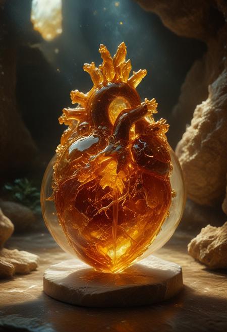 improved cinematic photo, 35mm photograph, film, professional, 4k, highly detailed,
An amber fragment enclosing a Human Heart,
The amber fragment is a smooth, slightly irregular sphere, roughly the size of a marble, with a warm golden-brown hue. Its surface is polished, gleaming softly under light, revealing a mesmerizing play of golden, honey, and orange tones. Tiny air bubbles and organic inclusions are scattered throughout, lending it a sense of antiquity and natural complexity.
Inside, a perfectly preserved Human Heart lies suspended in time, its delicate body encased in the translucent amber.
Around the Human Heart, subtle striations and minute organic fragments, possibly plant material or dust, create a vignette that frames the insect. The amber’s clarity varies in places, with some sections slightly cloudy, further accentuating the Human Heart as the focal point. The fragment feels timeless, a tiny time capsule offering a glimpse into a prehistoric world millions of years ago
 full of Persian patterns