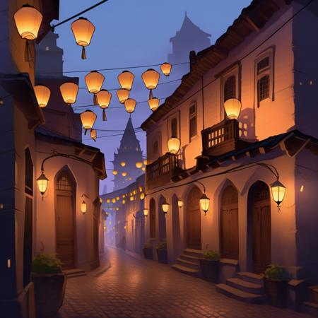 Digital Art Style of alabyrinthine old town at dusk where cobbled streets whisper tales of yore beneath the warm glow of gaslight lanterns. The towering edifices lean into each other shrouded in the mystery of a dusky sky as tangled wires dance to the silent music of the wind.<lora:Mythoscape Visions - Digital Art Style of a:1>