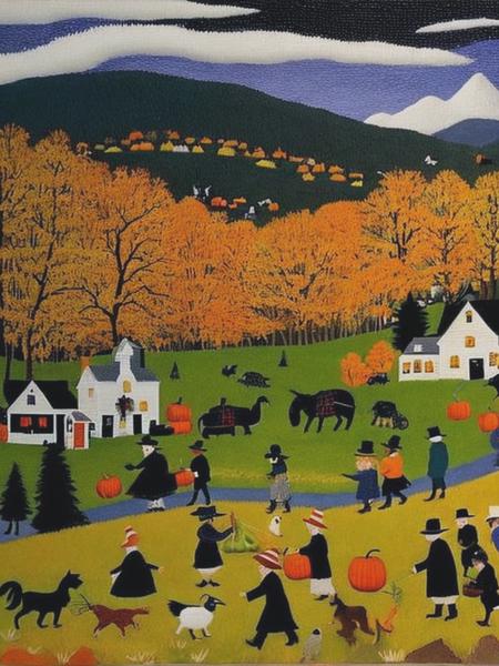 <lyco:FolkArt:1.0> in Folk Art Style, Grandma Moses, Trick or Treat, detailed, 20k,