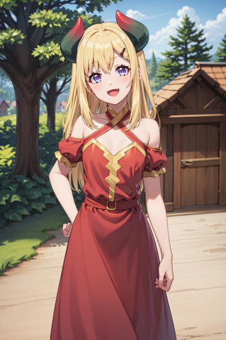 best quality, masterpiece, highly detailed,
<lora:chara_IsekaiNonbiriNouka_Lastismun_v2:0.8>, lastismun,
solo, light smile, open mouth, fang,
blonde hair, long hair, purple eyes, hairclip, small breasts, dragon horns,
red dress, halterneck, bare shoulders, short sleeves,
standing, head tilt, looking at the viewer,
outdoors, tree, house, wood