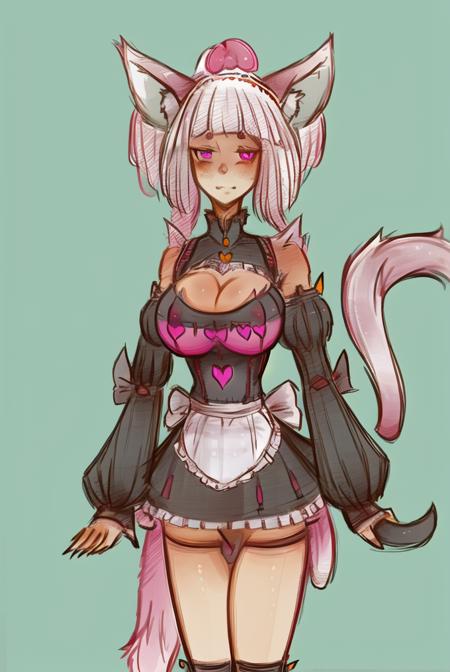 1girl, solo, breasts, thighhighs, animal ears, penis, heart, tail, heart-shaped pupils, symbol-shaped pupils, large breasts, white hair, cleavage, white thighhighs, blush, maid, maid headdress, freckles, blunt bangs, collar, futanari, detached sleeves, cat ears, bangs, looking at viewer, pink eyes, clothing cutout, erection, dress, black nails, cleavage cutout, borrowed character, cat tail, bow <lora:svyron_lora:1>