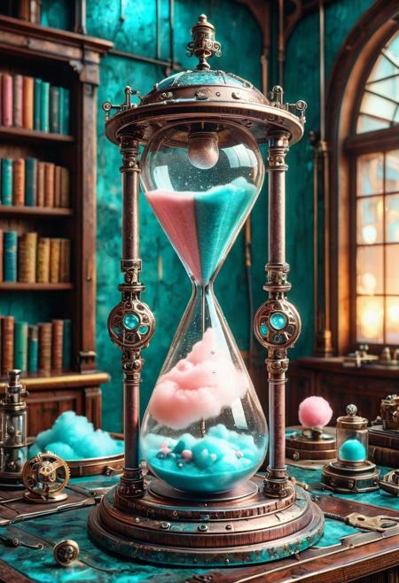 masterpiece, best quality, high resolution, absurdres, ultra-detailed, intricate details, ultra detailed, 8k, highly detailed, very aesthetic, professional 4k, Canon 5d mark 4, extremely detailed, very_detailed, high_detail, sharp focus, clean lines, perfect anatomy, realistic style,  
cottoncandy hourglass,
patina metal, pms style,
steampunk lab interior, workshop library, fantasy world,
film grain, cinematic, colorful, moody lighting, natural light, soft light, depth of field, bokeh, light particles, backlight, chiaroscuro, refraction, subsurface scattering