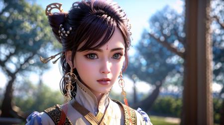 a woman with a ponytail and a bun in a video game character costume with a ponytail and a ponytail, (1girl:0.997), (blurry:1.000), (blurry background:1.000), (blurry foreground:0.999), (bokeh:0.831), (brown hair:0.880), (chinese clothes:0.894), (depth of field:1.000), (earrings:0.984), (hair ornament:0.947), (hair stick:0.888), (jewelry:0.968), (lips:0.863), (lipstick:0.688), (makeup:0.635), (motion blur:0.936), (nose:0.769), (outdoors:0.571), (solo:0.940)