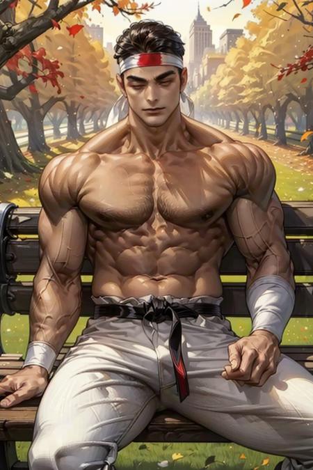 masterpiece, highres, raw photo, muscular:1.3, bara, GoroDaimon, 1guy, white headband, medium shot, sitting, relaxing, black belt, squinty eyes, white pants, detailed face, park bench, central park at fall, <lora:GoroDaimon2-Stasis-000003:1.000000>