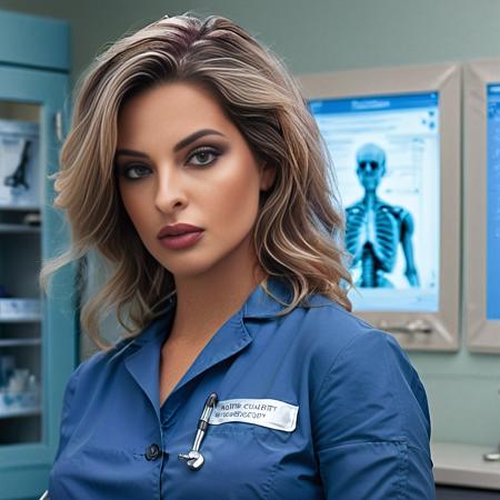 <lora:4sh13y_20XL-final:1.1>,a professional photograph of beautiful (4sh13y:1.1) woman,as a surgeon physician,wearing a (steel blue lab coat:1.2) over (indigo dress:1.2),with stethoscope around neck,name tag on lapel,holding an (x-ray chart:1.4),standing in a hospital surgery suite,wearing gloves,surrounded by a (examination table and medical equipment:1.2),perfect hair,jewelry,lipstick,makeup and eyeshadow,(face focus)(upper body),(medium closeup shot),cinematic movie still,dramatic pose,sharp focus,detailed eyes,(highly detailed),(HDR),(8k wallpaper),intricately detailed,highres,absurdres,hyper realistic,8K UHD DSLR,Fujifilm XT3,taken with (Canon EOS 1Ds camera),35mm film,extremely intricate,dramatic,(looking at viewer),4k textures,elegant,(cinematic look),hyperdetailed,