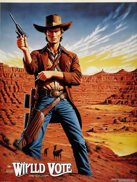 80s movie poster, Clint Eastwood as a cowboy, holding a pistol, Wild West background, highly detailed, masterpiece, <lora:80s Movie Poster Style:1>