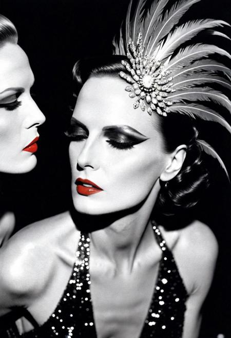 Photo by <lora:HELMUTNEWTON-000001:1> HELMUTNEWTON, photographer,  Close-up, High Key Lighting ,Fujifilm Provia 100F, “Cabaret Glamour”: Backstage at a burlesque show, a dancer adjusts her feathered headpiece. Sequins, red lipstick, and smoky eyes create an aura of sensuality. ,, fashion editorial photography, high-fashion imagery, avant-garde aesthetics, editorial storytelling, conveying fashion trends and concepts, artistic interpretation, expert styling, professional lighting, capturing fashion-forward visuals, creating visual impact, evoking emotion, pushing creative boundaries