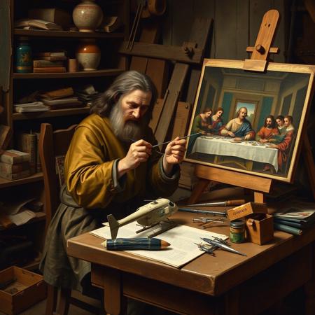 Leonardo Da Vinci sits at his cluttered workbench, he is painstakingly painting a small piece of a model helicopter kit which is spread out on the bench in front of him, to one side his easel with a half finished picture of The Last Supper