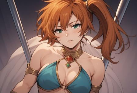score_9, score_8_up, score_7_up, solo, 1girl, Kendo, orange hair, green eyes, ((side ponytail)), harem outfit, seductive expression, pole dance,
