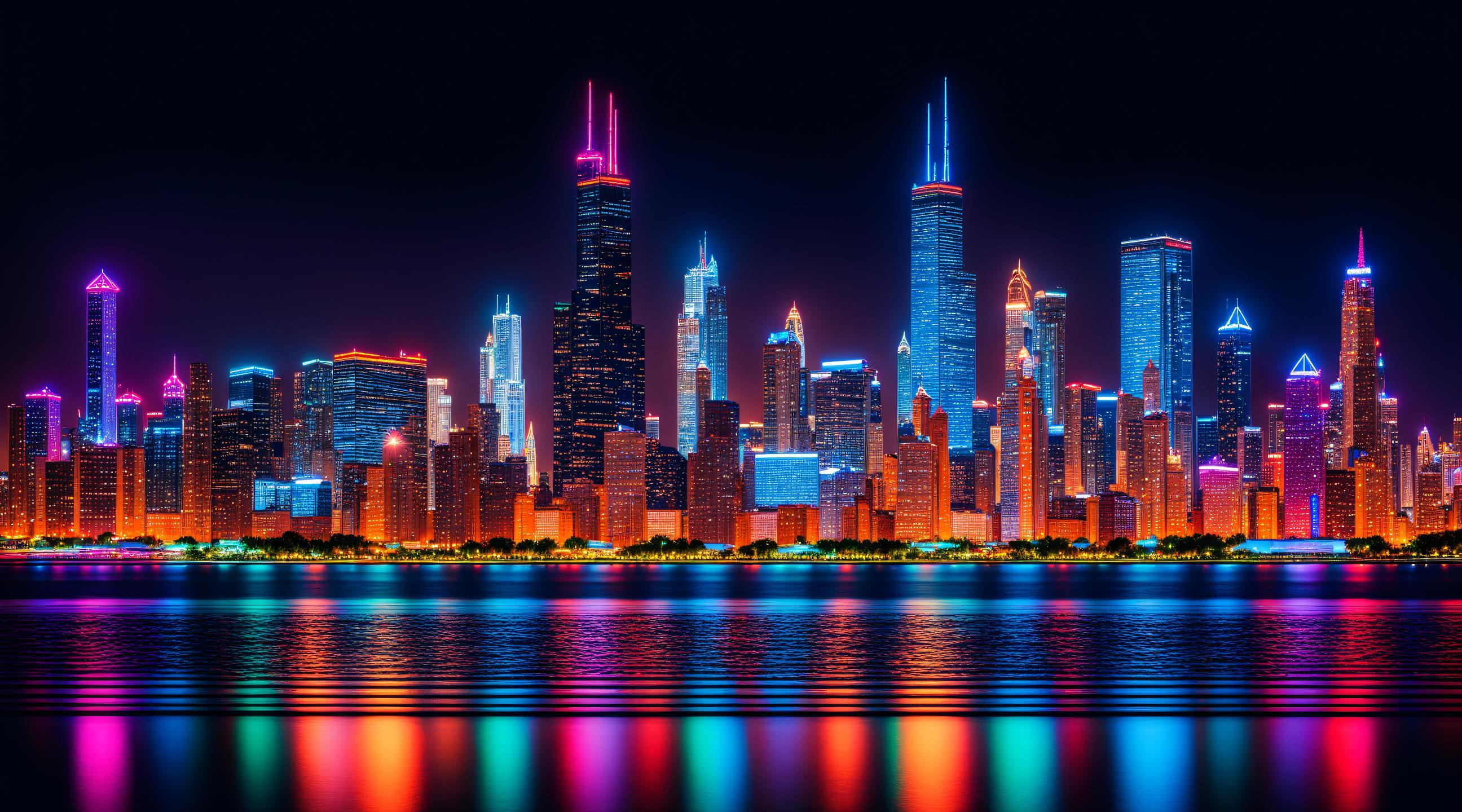 neon lit, retro-futuristic, chicago skyline at night, bright neon colors, DMT Style, Norman Rockwell, photography_\(artwork\), vivid colors, surreal,