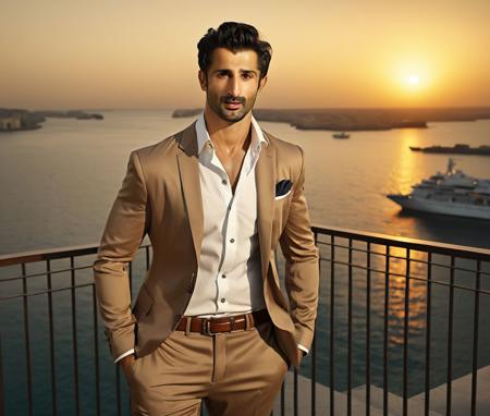 Nautical-themed (Photo:1.3) of (Ultrarealistic:1.3) <lora:Man_Men_FFashion:1> patrick dempsey a man <lora:sidhant-gupta_patrick-dempsey:1> in a tan suit standing on a balcony, sun behind him, inspired by Pablo Munoz Gomez, shot at golden hour, editorial photograph, midshot of a hunky, by Roman Bezpalkiv, by Artur Tarnowski, maxim sukharev, by Gabor Szikszai,Highly Detailed,(Mono Color:1.3) . Sea, ocean, ships, maritime, beach, marine life, highly detailed