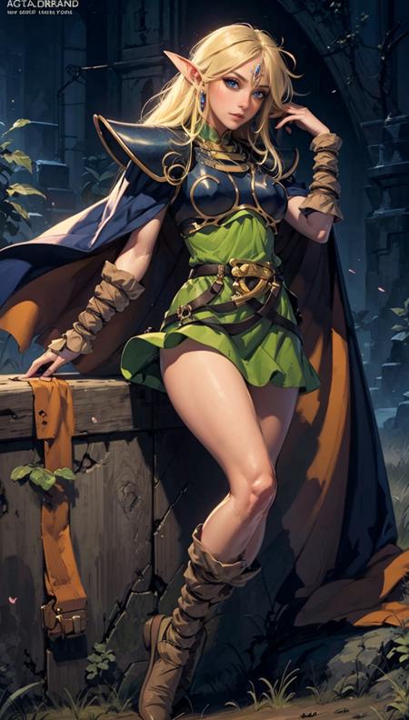 <lora:ANI_CLASSIC_deedlit_ownwaifu-15:1> (best quality, masterpiece, colorful, dynamic angle, highest detailed)
ANI_CLASSIC_deedlit_ownwaifu, www.ownwaifu.com,
pointy ears, blonde hair, long hair, elf, circlet, green eyes, long pointy ears, very long hair, breasts, medium breasts, earrings, lips, makeup, bangs,
cape, armor, blue cape, shoulder armor, pauldrons, gloves, breastplate, belt, green dress, short dress,
(high resolution textures), (intricate details, hyperdetailed:1.15), detailed, (official art, extreme detailed, highest detailed),