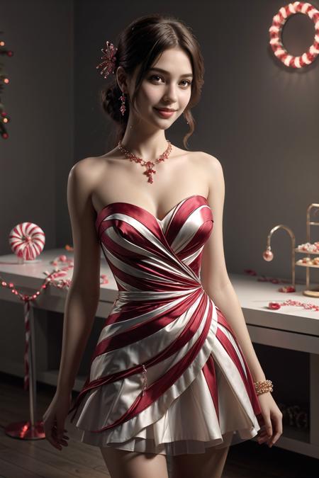 <lora:wrenchsweettail:1>, wrenchsweettail, 1girl, light smile, striped dress, jewelry, ribbon,