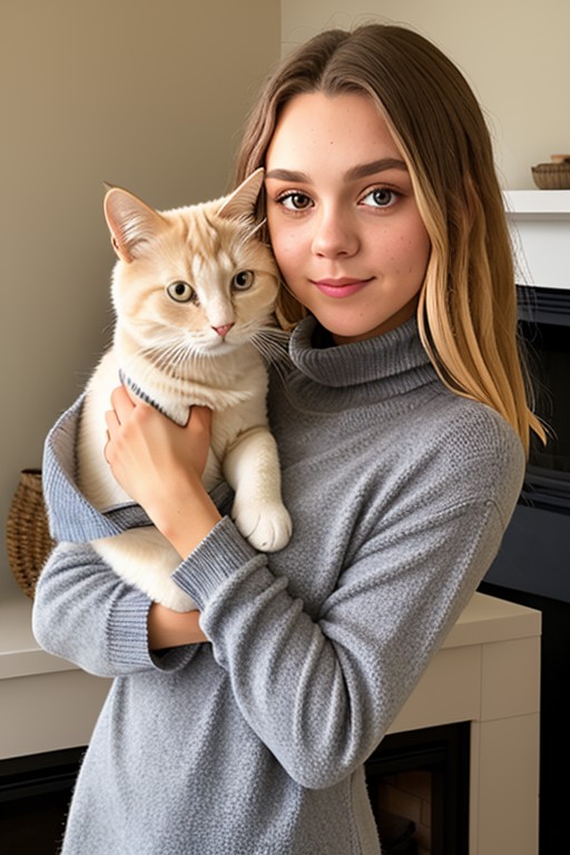 a photo of AM256_Gabbie_Carter,
woman weared knitted long-sleeve turtle-neck sweater holding a fluffy gray cat in her arms...