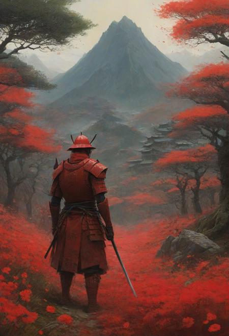 digital artwork by Beksinski, samurai, flowers, vibrant colors, red theme, gray theme, armor, trees, fuji mountain