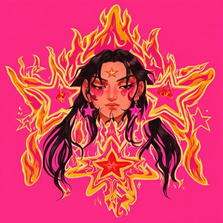1girl, sm0k, earrings, star (symbol), upper body, flames, ornaments, simple background, pink, eyes open, long dark hair