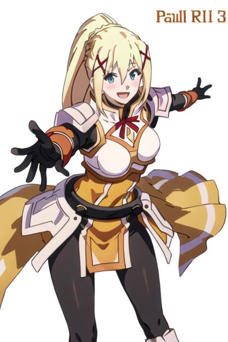 best quality, masterpiece, highres, solo, {lalatina_dustiness_ford_konosuba:1.15}, blonde_hair, long_hair, hair_ornament, x_hair_ornament, ponytail, blue_eyes, parody, open_mouth, 1girl, :d, armor, bangs, belt, black_gloves, blush, bodysuit, breastplate, breasts, chibi, faulds, gloves, hair_between_eyes, happy, high_ponytail, looking_at_viewer, outstretched_arms, pauldrons, shoulder_armor, sidelocks, simple_background, smile, standing, white_background, braid, character_name, copyright_name