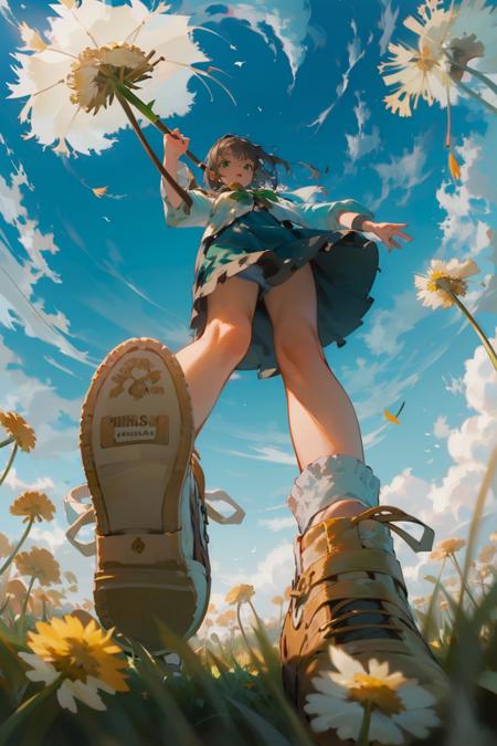 (masterpiece:1.3),(best quality:1.2),8k,absurdres,unity 8k wallpapper,(extremely detailed:1.3),highestres,realistic, 
1girl,<lora:low_angle_human-10:1> ,low_angle_human,sky,cloud,grass,blurry foreground, full body, (green:1.2),sun,(dandelion:1.1),,shoe sole,