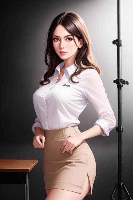 a woman in teacher outfit poses for a picture in a studio setting with a neutral background and a neutral backdrop, ultra realistic digital art, a character portrait, photorealism