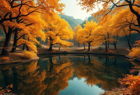 Stunning detail reflection of golden and orange katsura trees around a natural round lake, autumn, realistic, wide shot, art style of Studio Ghibli, magical, whimsical atmosphere, vibrant colors, beautifully lit, serene landscape