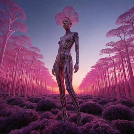 A surrealistic fusion of Reuben Wu's ethereal landscapes with Nick Knight's hyper-realistic models. A Synthetic forest of barcode trees, where creatures with Taro Okamoto's biomechanical limbs frolic and play. The sun sets in vibrant, electric hues, casting long, synthetic shadows that distort the Sharp Focus images of the models. In the distance, a satellite hovers, projecting old school designs onto the landscape, OverallDetail