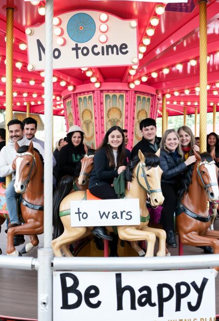 Group of people, men and women, in an amusement park, on a horse carousel, all seated on the horses, very smiley individuals with a sign that says no to wars, be happy.