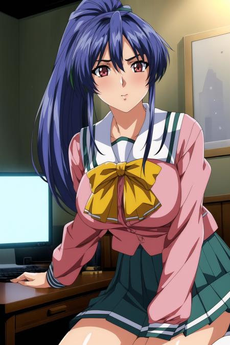 (Night:1.7), a desk with a laptop computer in front of her and a lamp on the side,room, indoors,
sitting at attention,
(pink_jacket:1.2),(Green_pleated skirt:1.3),(sailor_collar), school_uniform, serafuku,long_sleeves,(Yellow_bowtie),
<lora:more_details:0.3>,<lora:Takabe_Eri_Shusaku-KK77-V2:0.7>,
Blue hair,bangs,high ponytail, green hair ribbon,red eyes,
1 girl, 20yo,Young female,Beautiful Finger,Beautiful long legs,Beautiful body,Beautiful Nose,Beautiful character design, perfect eyes, perfect face,expressive eyes,
looking at viewer, in the center of the image,(Upper_body),(Focus on her face),
official art,extremely detailed CG unity 8k wallpaper, perfect lighting,Colorful, Bright_Front_face_Lighting,shiny skin,
(masterpiece:1.0),(best_quality:1.0), ultra high res,4K,ultra-detailed,
photography, 8K, HDR, highres, absurdres:1.2, Kodak portra 400, film grain, blurry background, bokeh:1.2, lens flare, (vibrant_color:1.2)
(Beautiful,large_Breasts:1.3), (beautiful_face:1.5),(narrow_waist),