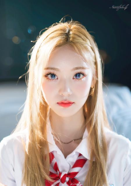 1girl, (masterpiece, best quality:1.2), adult woman, Best portrait photography, <lora:Jinsoul-10:.7>, full body, bedroom, <lora:FilmVelvia3:0.5>, facing viewer,  (perfect eyes:1.3), perfect proportions, Jinsoul, octane render, blonde hair, school uniform, white skirt, red sweater, fcHeatPortrait,