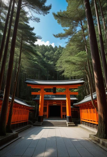 Very beautiful Fushimi Inari Shrine, Japan , a temple site, sunny blue sky background and large dense forest. Very realistic photography.