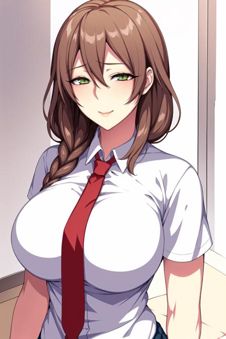 Simple White Background,
pleated_skirt, red_necktie, school_uniform, white shirt, short_sleevescollared shirt, 
<lora:Ichijou_Honoka_Hamemakuri-KK77-V2:0.7>,
Brown_hair,single_braid,green_eyes,Bangs,
<lora:Oda_Non_Style-KK77-V2:0.3>,<lora:more_details:0.1>,
1 girl, 20yo,Young female,Beautiful Finger,Beautiful long legs,Beautiful body,
Beautiful Nose,Beautiful character design, perfect eyes, perfect face,expressive eyes,perfect balance,
looking at viewer,(Focus on her face),closed mouth, (innocent_big_eyes:1.0),(Light_Smile:0.3),
official art,extremely detailed CG unity 8k wallpaper, perfect lighting,Colorful, Bright_Front_face_Lighting,White skin,
(masterpiece:1.0),(best_quality:1.0), ultra high res,4K,ultra-detailed,
photography, 8K, HDR, highres, absurdres:1.2, Kodak portra 400, film grain, blurry background, bokeh:1.2, lens flare, (vibrant_color:1.2),professional photograph,
(Beautiful,large_Breasts:1.4), (beautiful_face:1.5),(narrow_waist),