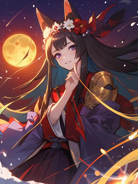 masterpiece,best quality,highres,cinematic lighting,dramatic angle,<lora:ShadowverseGinsetsuV7-000021:0.8>,1girl,animal ears,hair ornament,purple eyes,black hair,long hair,smile,parted lips,looking at viewer,japanese clothes,obi,wide sleeves,hand  on own cheek,red topwear,purple skirt,portrait,from below,moon,close-up