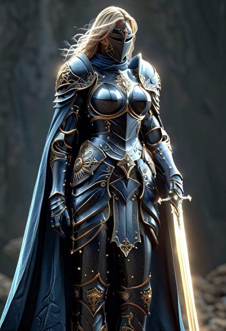 A stunning dynamic pose, feminine knight, underboob, midriff, 2handed sword highly detailed dark fantasy full body illustration of a mystic female. she walks in mountain, big gems in each shoulder and chest, goddess, crown dark HKStyle armor, helmet, cracked armor, cracked, crystal, photorealist, A stunning, highly detailed dark fantasy full body illustration of a proud warrior wearing intricate medieval HKStyle armor and an epic ornamented mask, cape, light glooming eyes, very wide shoulders, wearing big gauntlets, epic composition. The warrior stands heroic with a flowing cloak, The scene depicts her with brooding emotional agony, with insanely intricate details and textures, gloomy dramatic lighting, 8K resolution