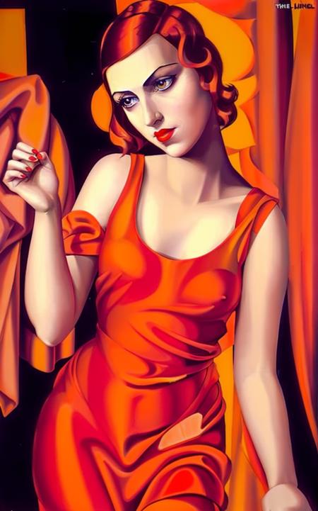 <lora:TDLP:0.8> Painting of a woman wearing a red-orange dress with a low front with her hand raised in a classic hand-pose