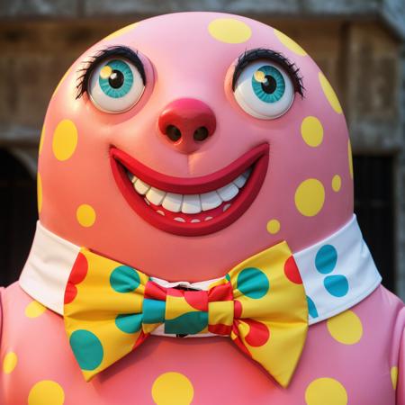 RAW photo, analog style, Mr_Blobby, solo, looking_at_viewer, closeup, <lora:Mr_Blobby:0.6>, 8k, highly detailed, ((HDR))